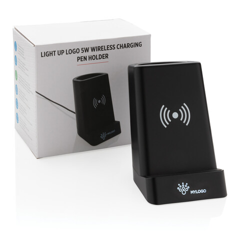 Light Up Logo 5W Wireless Charging Stiftehalter schwarz bedrucken, Art.-Nr. P308.791