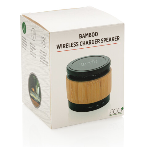 Bambus Wireless Charger und Lautsprecher braun, schwarz bedrucken, Art.-Nr. P329.179