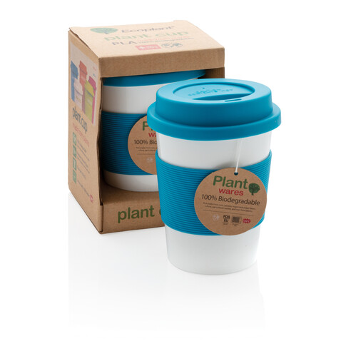 ECO PLA Kaffeebecher blau, weiß bedrucken, Art.-Nr. P432.885