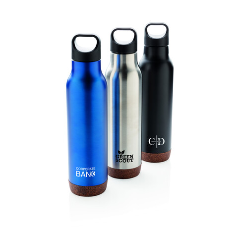 Auslaufsichere Vakuum-Flasche mit Kork blau bedrucken, Art.-Nr. P433.285