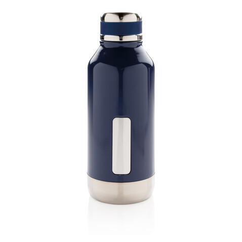 Auslaufsichere Vakuumflasche mit Logoplatte blau bedrucken, Art.-Nr. P436.675