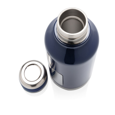 Auslaufsichere Vakuumflasche mit Logoplatte blau bedrucken, Art.-Nr. P436.675