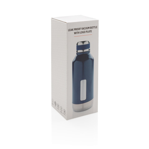 Auslaufsichere Vakuumflasche mit Logoplatte blau bedrucken, Art.-Nr. P436.675