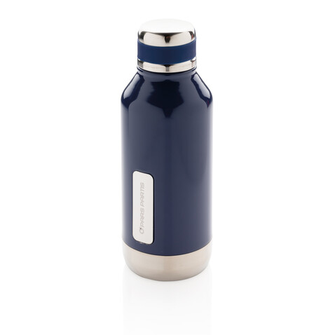 Auslaufsichere Vakuumflasche mit Logoplatte blau bedrucken, Art.-Nr. P436.675