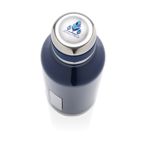 Auslaufsichere Vakuumflasche mit Logoplatte blau bedrucken, Art.-Nr. P436.675