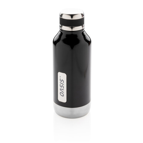 Auslaufsichere Vakuumflasche mit Logoplatte schwarz bedrucken, Art.-Nr. P436.671