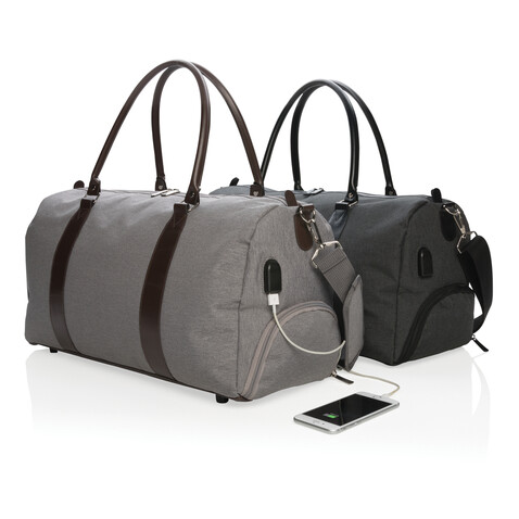 Wochenendtasche mit USB A-Ausgang grau bedrucken, Art.-Nr. P707.052 Wochenendtasche mit USB A-Ausgang grau bedrucken, Art.-Nr. P707.052