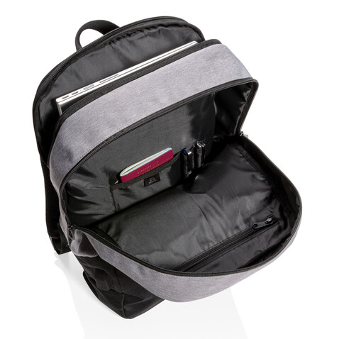 Moderner 15.6&quot; USB &amp; RFID Laptop-Rucksack, PVC-frei schwarz bedrucken, Art.-Nr. P760.051