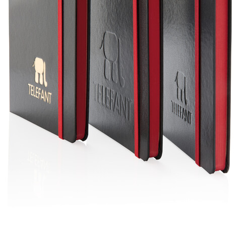 Deluxe Hardcover A5 Notizbuch mit coloriertem Beschnitt rot, schwarz bedrucken, Art.-Nr. P773.304