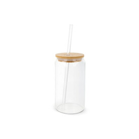 Glas mit Bambusdeckel &amp;amp; Strohhalm 450ml - Transparent bedrucken, Art.-Nr. LT98320-N0004