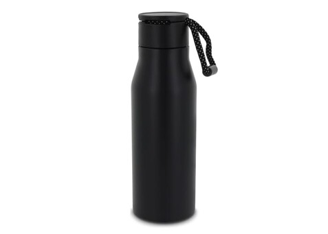 Isolierflasche mit Trageschlaufe 600ml - Schwarz bedrucken, Art.-Nr. LT98858-N0002