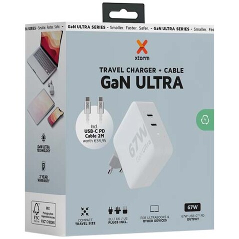 Xtorm XVC2067 GaN Ultra 67 W Reiseladegerät mit 100 W USB-C PD-Kabel, weiss bedrucken, Art.-Nr. 12439601