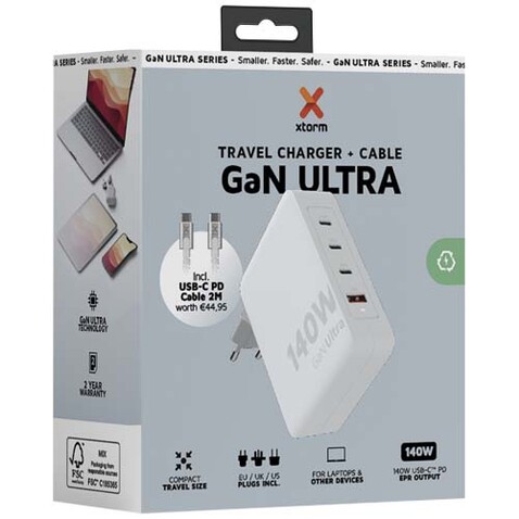 Xtorm XVC2140 GaN Ultra 140 W Reiseladegerät mit 240 W USB-C PD-Kabel, weiss bedrucken, Art.-Nr. 12439701