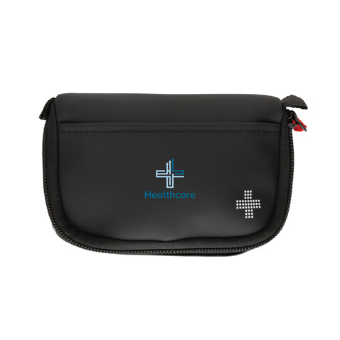 Kleines Erste-Hilfe-Set in RCS recycelter Nubuk-PU Tasche schwarz bedrucken, Art.-Nr. P265.401