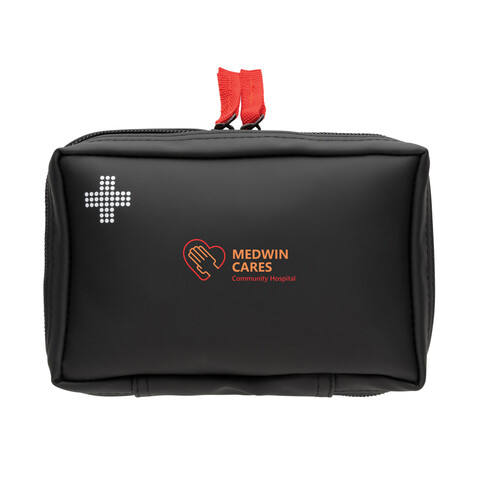 Erste-Hilfe-Set in RCS recycelter Nubuk-PU Tasche schwarz bedrucken, Art.-Nr. P265.411