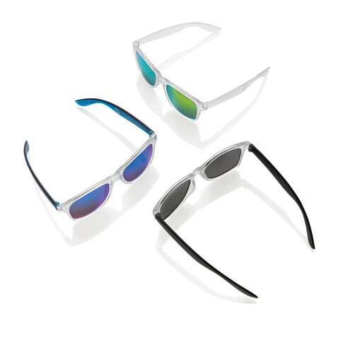 Gleam Sonnenbrille aus RCS rec. PC mit verspiegelten Gläsern blau, weiß bedrucken, Art.-Nr. P453.8705