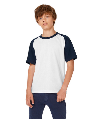 B &amp; C Base-Ball/kids T-Shirt, White/Navy, 3/4 (98/104) bedrucken, Art.-Nr. 118420523