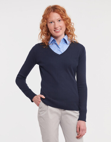 Russell Europe Ladies’ V-Neck Knitted Pullover, Black, S bedrucken, Art.-Nr. 219001013