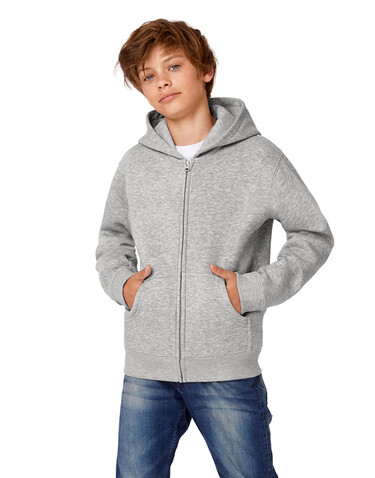 B &amp; C Hooded Full Zip/kids Sweat, Heather Grey, 5/6 (110/116) bedrucken, Art.-Nr. 298421234