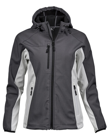 Tee Jays Ladies` Hooded Lightweight Performance Softshell, Dark Grey/Off White, 3XL bedrucken, Art.-Nr. 436541638