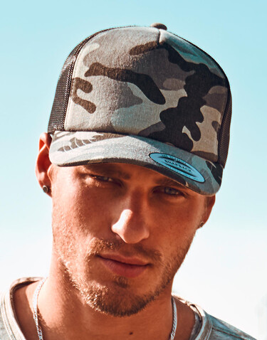 Flexfit Camo Trucker Cap, Dark Camo/Black, One Size bedrucken, Art.-Nr. 615687540