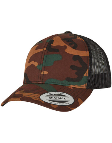 Flexfit Retro Trucker Camo, Camo/Black, One Size bedrucken, Art.-Nr. 632687580