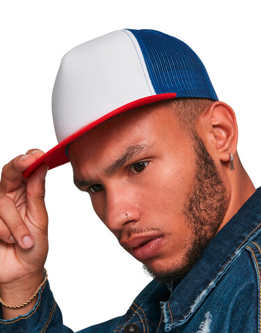 Flexfit Foam Trucker with White Front, Navy/White/Navy, One Size bedrucken, Art.-Nr. 652682800