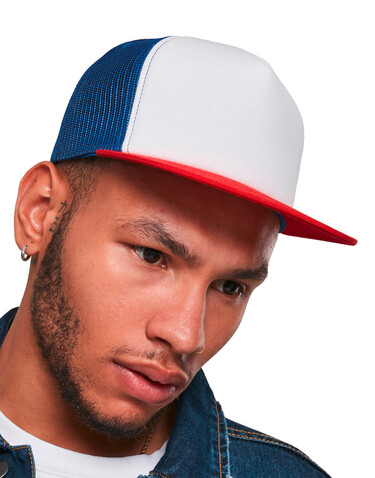 Flexfit Foam Trucker with White Front, Red/White/Royal, One Size bedrucken, Art.-Nr. 652684830