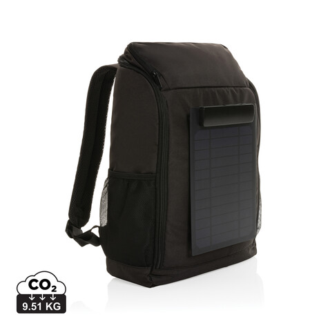 Pedro AWARE™ RPET Deluxe Rucksack mit 5W Solar Panel schwarz bedrucken, Art.-Nr. P763.291
