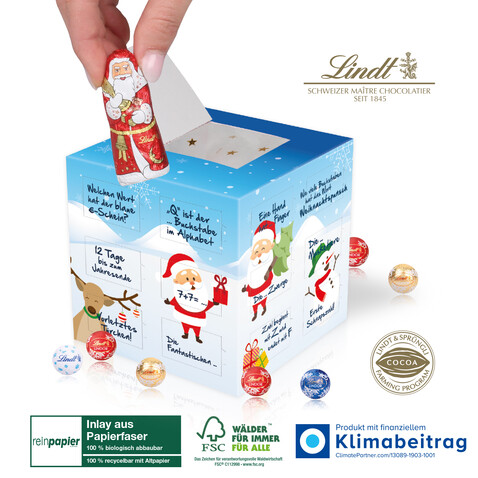 Adventskalender Lindt „Cube“ Organic mit Weihnachtsmann bedrucken, Art.-Nr. 55362-W