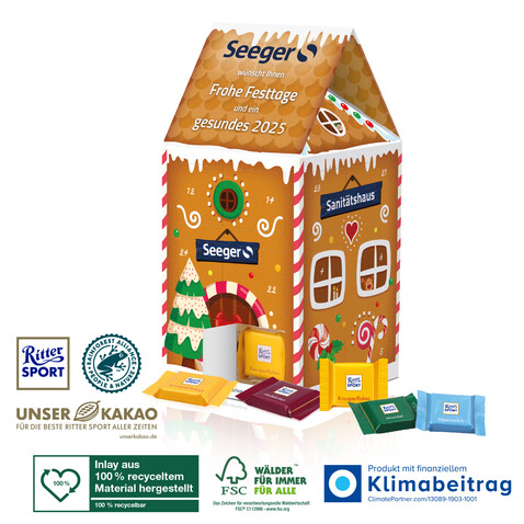 Adventskalender-Haus „XL“ mit Ritter SPORT Schokolade bedrucken, Art.-Nr. 95392-W