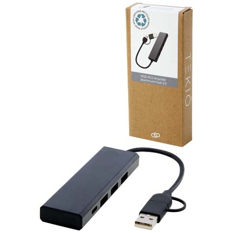 Rise USB 2.0 Hub aus recyceltem RCS Aluminium, schwarz bedrucken, Art.-Nr. 12434490