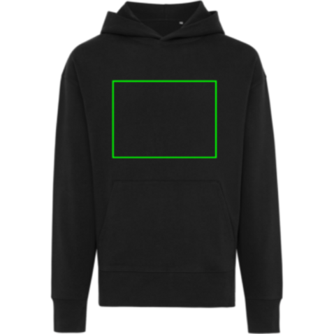 Iqoniq Yoho Relax-Hoodie aus recycelter Baumwolle schwarz bedrucken, Art.-Nr. T9402.001.S