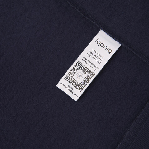 Iqoniq Yoho Relax-Hoodie aus recycelter Baumwolle navy blau bedrucken, Art.-Nr. T9402.002.XS