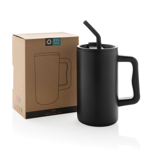Cube Becher aus RCS recyceltem Stahl 800ml schwarz bedrucken, Art.-Nr. P437.3101