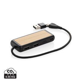 Link Dual Input USB Hub aus RCS rec. Kunststoff und Bambus schwarz bedrucken, Art.-Nr. P308.5601