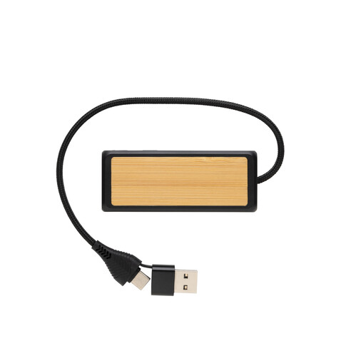 Link Dual Input USB Hub aus RCS rec. Kunststoff und Bambus schwarz bedrucken, Art.-Nr. P308.5601