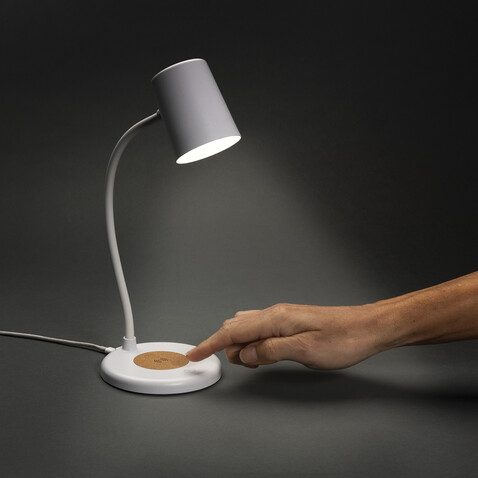 Zenara 15W Schreibtischlampe aus RCS rec. Plastik &amp; Kork weiß bedrucken, Art.-Nr. P514.0303