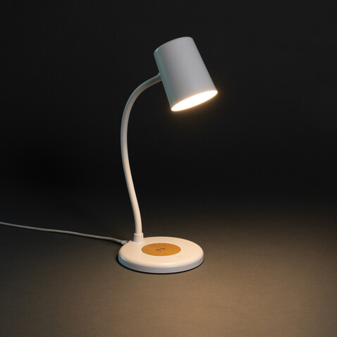 Zenara 15W Schreibtischlampe aus RCS rec. Plastik &amp; Kork weiß bedrucken, Art.-Nr. P514.0303