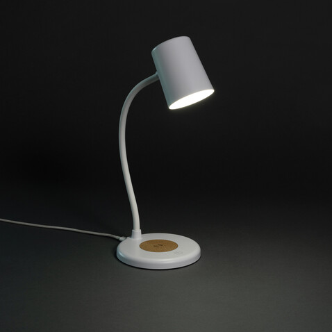 Zenara 15W Schreibtischlampe aus RCS rec. Plastik &amp; Kork weiß bedrucken, Art.-Nr. P514.0303