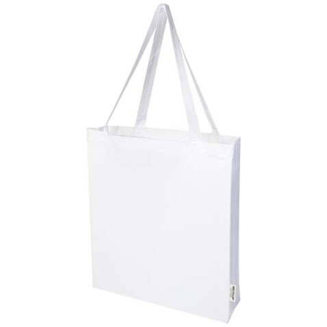 Madras 140 g/m² Baumwoll Tragetasche mit Seitenfalten aus GRS recycelter Baumwolle, weiss bedrucken, Art.-Nr. 12073301