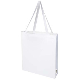 Madras 140 g/m² Baumwoll Tragetasche mit Seitenfalten aus GRS recycelter Baumwolle, weiss bedrucken, Art.-Nr. 12073301