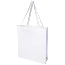 Madras 140 g/m² Baumwoll Tragetasche mit Seitenfalten aus GRS recycelter Baumwolle, weiss bedrucken, Art.-Nr. 12073301