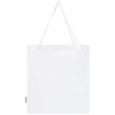 Madras 140 g/m² Baumwoll Tragetasche mit Seitenfalten aus GRS recycelter Baumwolle, weiss bedrucken, Art.-Nr. 12073301