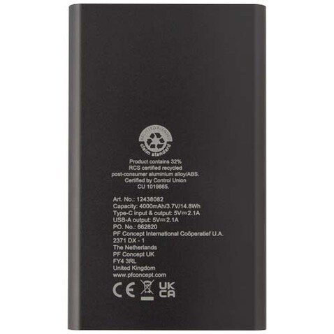 Pep 4000 mAh Type-C Powerbank aus recyceltem Aluminium, Titan bedrucken, Art.-Nr. 12438082