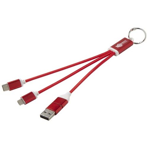 Metal 4-in-1 Ladekabel aus recyceltem Aluminium mit Schlüsselanhänger, rot bedrucken, Art.-Nr. 12438221