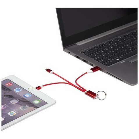 Metal 4-in-1 Ladekabel aus recyceltem Aluminium mit Schlüsselanhänger, rot bedrucken, Art.-Nr. 12438221