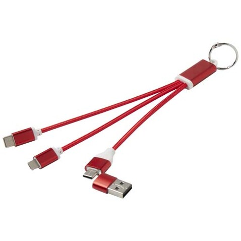 Metal 4-in-1 Ladekabel aus recyceltem Aluminium mit Schlüsselanhänger, rot bedrucken, Art.-Nr. 12438221