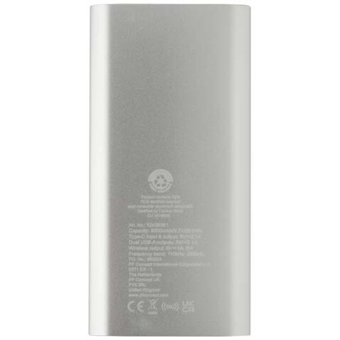 Juice 8000 mAh Typ-C kabellose Powerbank aus recyceltem Aluminium, silber bedrucken, Art.-Nr. 12438581