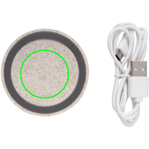Rundes 5W Charging Pad aus Weizenstroh khaki bedrucken, Art.-Nr. P308.299